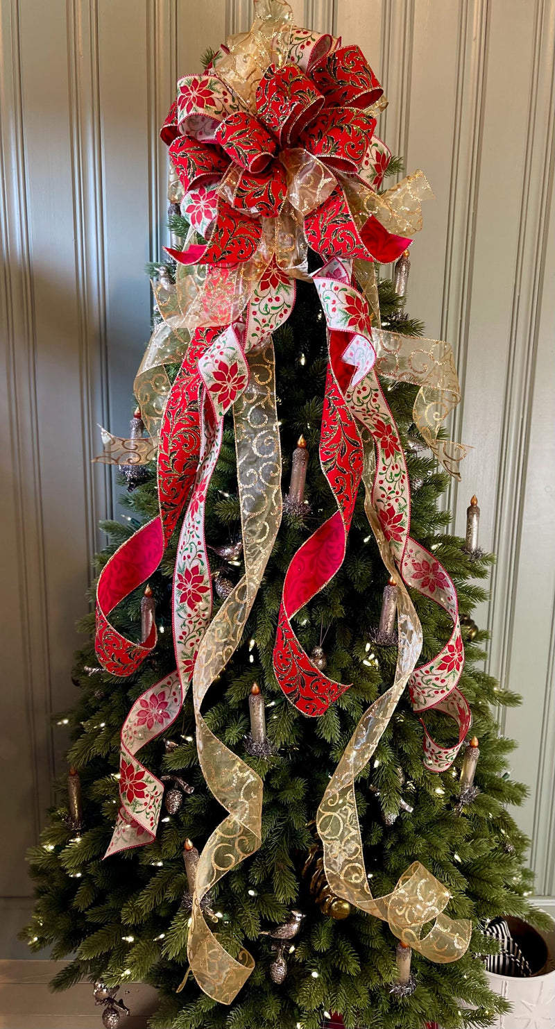 The Lila Red Green & Gold Christmas Tree Topper Bow, Bow for Christmas tree, bow for wreaths, long streamer bow, cottage style bow