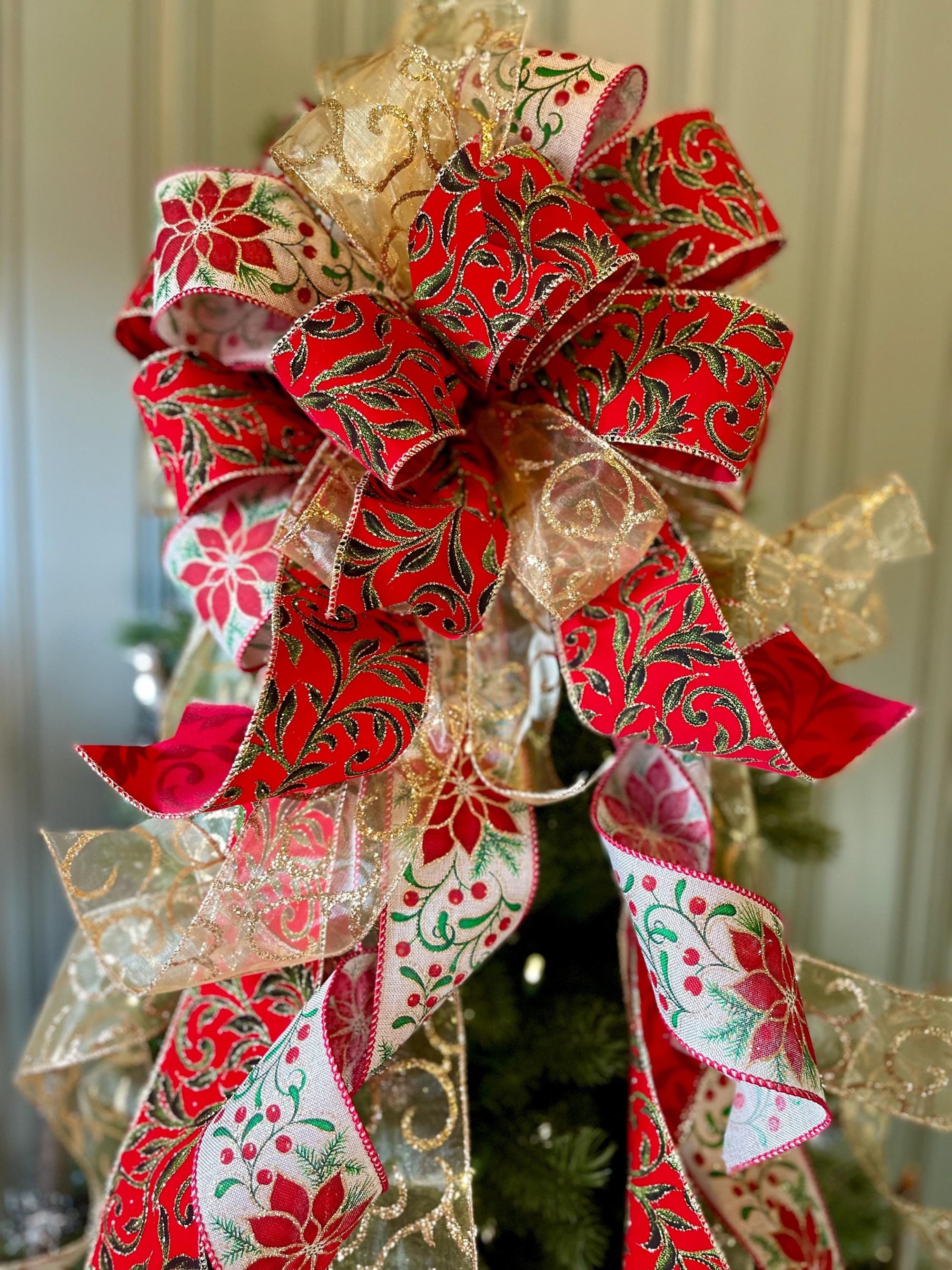 The Lila Red Green & Gold Christmas Tree Topper Bow, Bow for Christmas tree, bow for wreaths, long streamer bow, cottage style bow