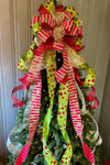 The Aggie Red & Lime Green Whimsical Christmas Tree Topper Bow, bow for wreath, long streamer bow, Grinch bow, tree trimming