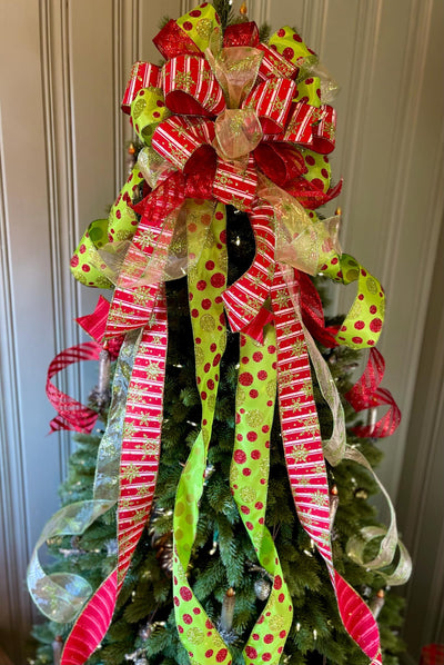 The Aggie Red & Lime Green Whimsical Christmas Tree Topper Bow
