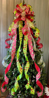 The Aggie Red & Lime Green Whimsical Christmas Tree Topper Bow, bow for wreath, long streamer bow, Grinch bow, tree trimming