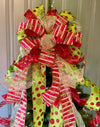 The Aggie Red & Lime Green Whimsical Christmas Tree Topper Bow, bow for wreath, long streamer bow, Grinch bow, tree trimming