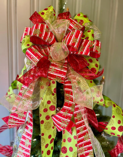 The Aggie Red & Lime Green Whimsical Christmas Tree Topper Bow