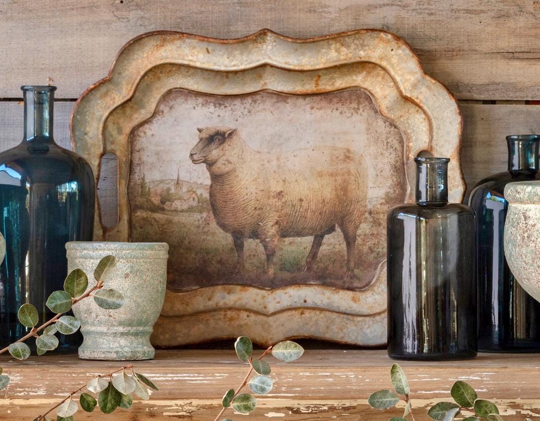 Vintage style serving tray with handles, sheep wall art, layering tray, gift for her, kitchen decor, cottage core, granny chic tray