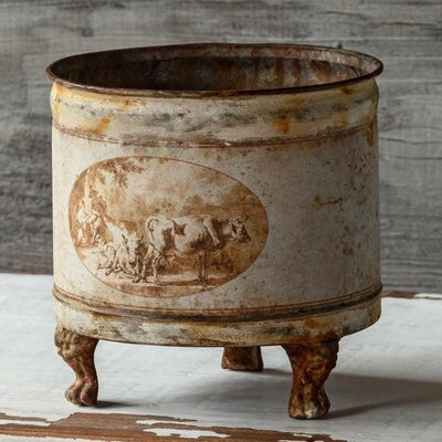 Round toile aged container, Farmhouse vintage style footed bucket with cow print, Cottage core decor, French country plant holder