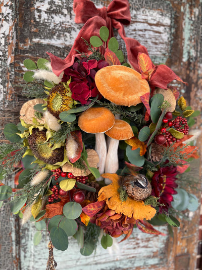 The Octavia Yellow, Orange & Russet Fall Wreath For Front Door, Autumn country cottage wreath, Farmhouse fall mushroom wreath, Sunflower