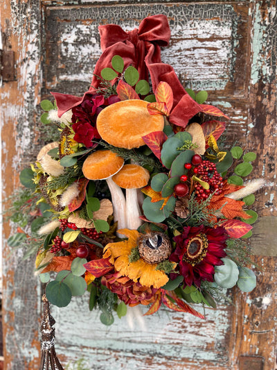 The Octavia Yellow, Orange & Russet Fall Wreath For Front Door, Autumn country cottage wreath, Farmhouse fall mushroom wreath, Sunflower