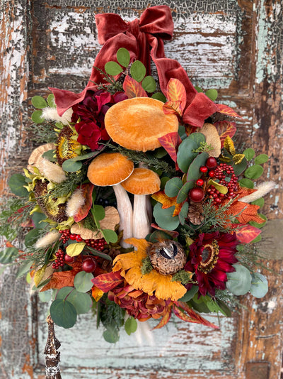 The Octavia Yellow, Orange & Russet Fall Wreath For Front Door, Autumn country cottage wreath, Farmhouse fall mushroom wreath, Sunflower