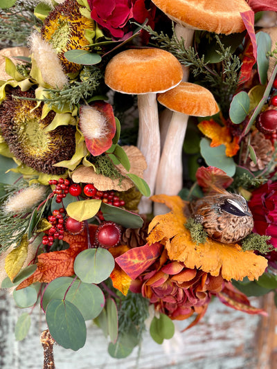 The Octavia Yellow, Orange & Russet Fall Wreath For Front Door, Autumn country cottage wreath, Farmhouse fall mushroom wreath, Sunflower