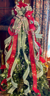 The Kristina Red Green & White Christmas Tree Topper Bow, Red tree bow, bow for wreaths, green long streamer bow, tree trimming bow