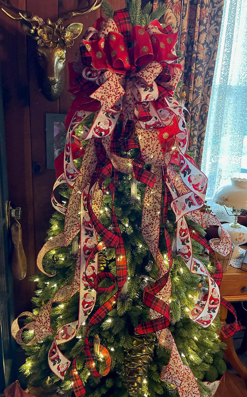 The Saint Nick Red Black & Gold Christmas Tree Topper Bow, luxury ribbon topper, XL bow topper for christmas tree