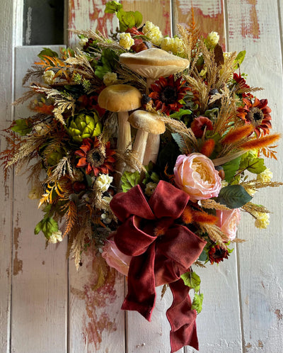 The Sierra Blush Pink & Russet Fall Wreath For Front Door, Autumn country cottage wreath, Farmhouse fall mushroom wreath, Sunflower