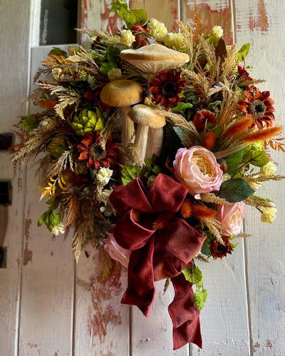 The Sierra Blush Pink & Russet Fall Wreath For Front Door, Autumn country cottage wreath, Farmhouse fall mushroom wreath, Sunflower