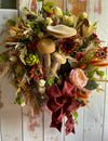 The Sierra Blush Pink & Russet Fall Wreath For Front Door, Autumn country cottage wreath, Farmhouse fall mushroom wreath, Sunflower