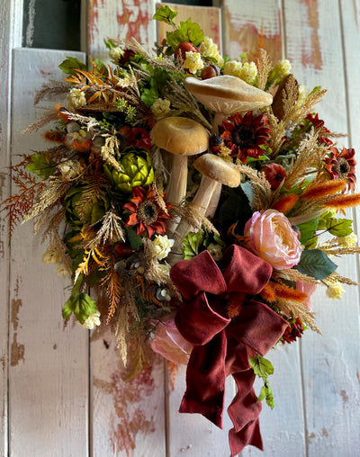 The Sierra Blush Pink & Russet Fall Wreath For Front Door, Autumn country cottage wreath, Farmhouse fall mushroom wreath, Sunflower