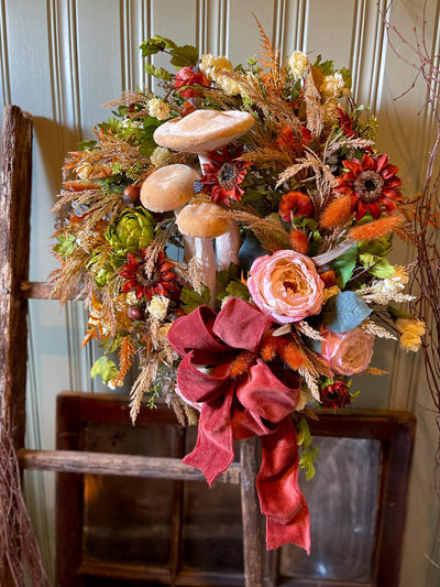 The Sierra Blush Pink & Russet Fall Wreath For Front Door, Autumn country cottage wreath, Farmhouse fall mushroom wreath, Sunflower