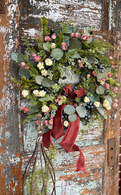 The Stacey Eucalyptus Persimmon & Blueberry Wreath For Front Door, Autumn cottage wreath, All season wreath, summer wreath, French country