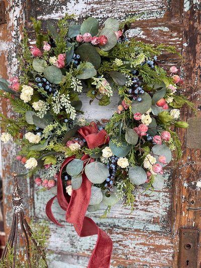 The Stacey Eucalyptus Persimmon & Blueberry Wreath For Front Door, Autumn cottage wreath, All season wreath, summer wreath, French country