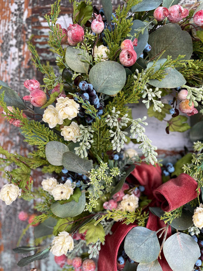 The Stacey Eucalyptus Persimmon & Blueberry Wreath For Front Door, Autumn cottage wreath, All season wreath, summer wreath, French country