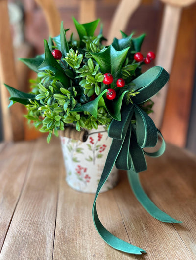 Christmas Boxwood & Holly Centerpiece -The Delores, Christmas Flower arrangement for table, Natural winter greenery arrangement