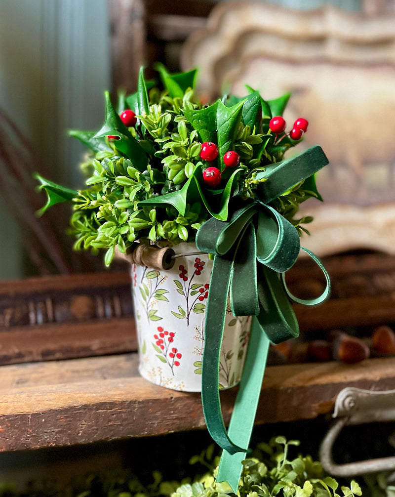 Christmas Boxwood & Holly Centerpiece -The Delores, Christmas Flower arrangement for table, Natural winter greenery arrangement