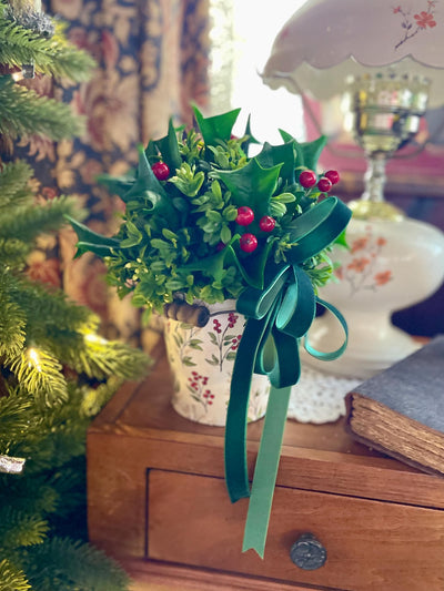 Christmas Boxwood & Holly Centerpiece -The Delores, Christmas Flower arrangement for table, Natural winter greenery arrangement