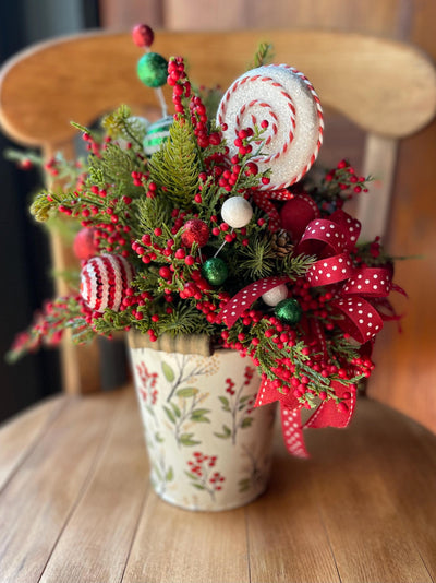 Christmas Centerpiece -The Joy, Winter arrangement, Christmas Flower arrangement for table, red & white christmas arrangement, pine berry