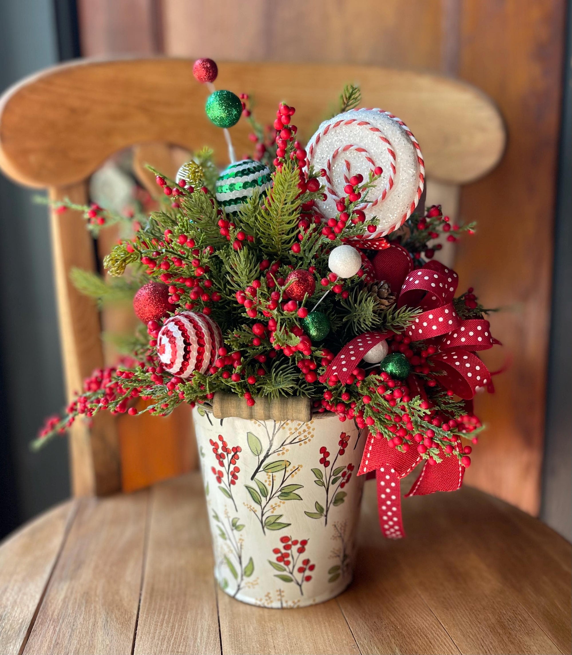 Christmas Centerpiece -The Joy, Winter arrangement, Christmas Flower arrangement for table, red & white christmas arrangement, pine berry