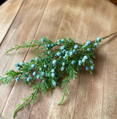 Artificial Juniper Berry Pine Spray, Silk flower stem, Christmas flower stem, craft supply, natural look cedar wreath making supplies