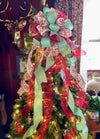 Red Mint & White Gingerbread Christmas Tree Topper Bow -The Ginny, Tree trimming bow, long streamer bow, large Ribbon topper, Whimsical bow