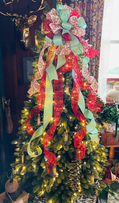 Red Mint & White Gingerbread Christmas Tree Topper Bow -The Ginny, Tree trimming bow, long streamer bow, large Ribbon topper, Whimsical bow