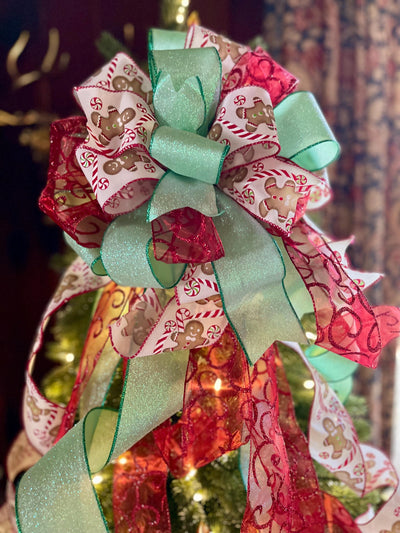 Red Mint & White Gingerbread Christmas Tree Topper Bow -The Ginny, Tree trimming bow, long streamer bow, large Ribbon topper, Whimsical bow