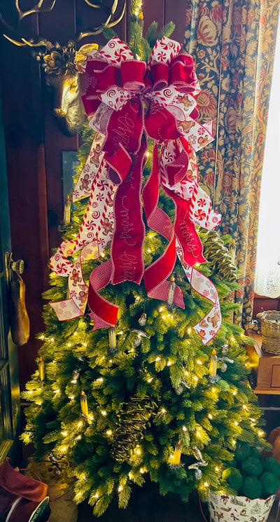 Red & White Gingerbread Christmas Bow - The Ginnifer, Tree Topper Bow, luxury bow, Christmas tree bow, tree trimming, big red ribbon topper