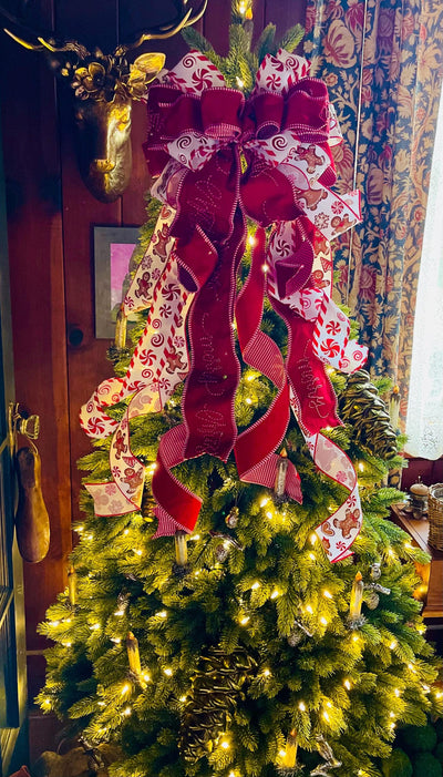 Red & White Gingerbread Christmas Bow - The Ginnifer, Tree Topper Bow, luxury bow, Christmas tree bow, tree trimming, big red ribbon topper