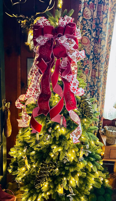 Red & White Gingerbread Christmas Bow - The Ginnifer, Tree Topper Bow, luxury bow, Christmas tree bow, tree trimming, big red ribbon topper