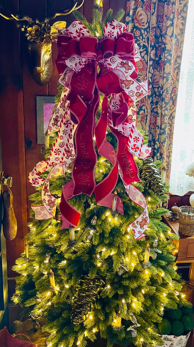 Red & White Gingerbread Christmas Bow - The Ginnifer, Tree Topper Bow, luxury bow, Christmas tree bow, tree trimming, big red ribbon topper