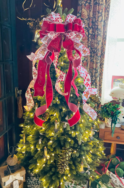 Red & White Gingerbread Christmas Bow - The Ginnifer, Tree Topper Bow, luxury bow, Christmas tree bow, tree trimming, big red ribbon topper