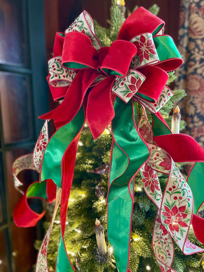 Red & Green Velvet Tree Top Bow - The Lottie, XL Christmas Tree Topper Bow, Luxury Bow, Xmas Tree Bow, Cottage Bow, large red christmas bow