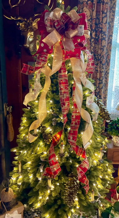 The Brielle Red & Gold Reindeer Christmas Tree Topper Bow