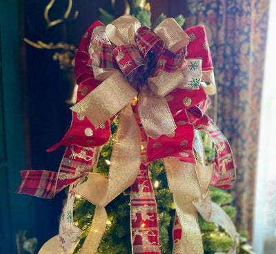 The Brielle Red & Gold Reindeer Christmas Tree Topper Bow