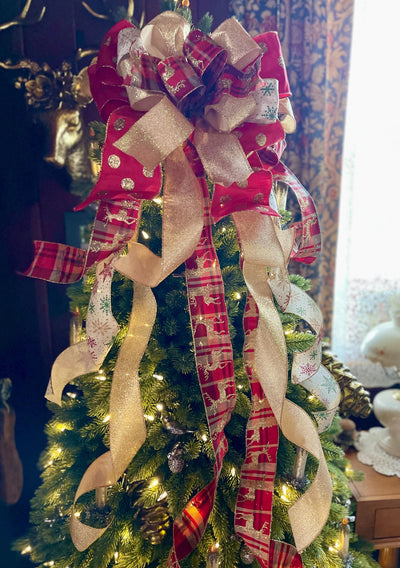 The Brielle Red & Gold Reindeer Christmas Tree Topper Bow