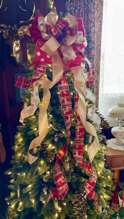 The Brielle Red & Gold Reindeer Christmas Tree Topper Bow