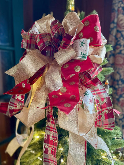 The Brielle Red & Gold Reindeer Christmas Tree Topper Bow