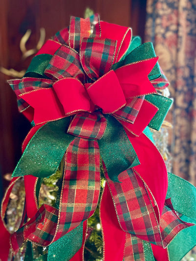 The Bianca Red Emerald Green & Gold Velvet Christmas Tree Topper Bow