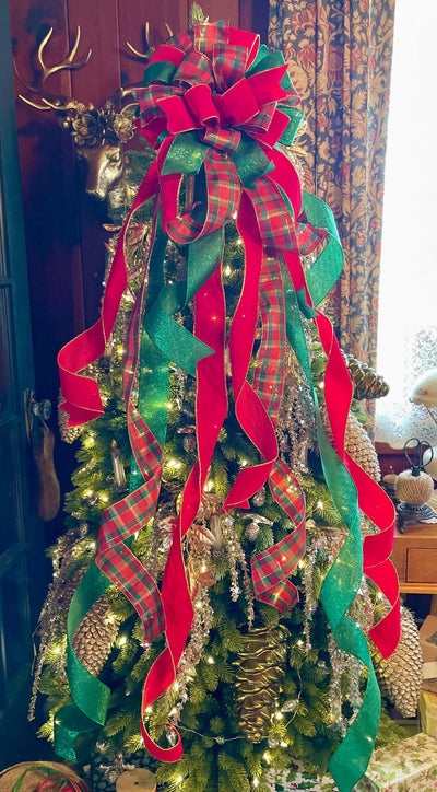 The Bianca Red Emerald Green & Gold Velvet Christmas Tree Topper Bow