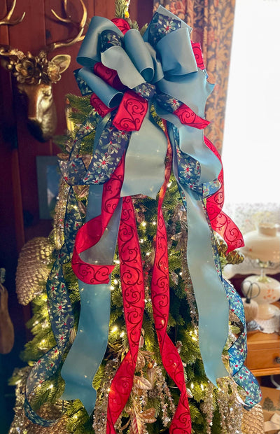 Lapiz Smoke Blue Navy & Red Christmas Tree Topper Bow