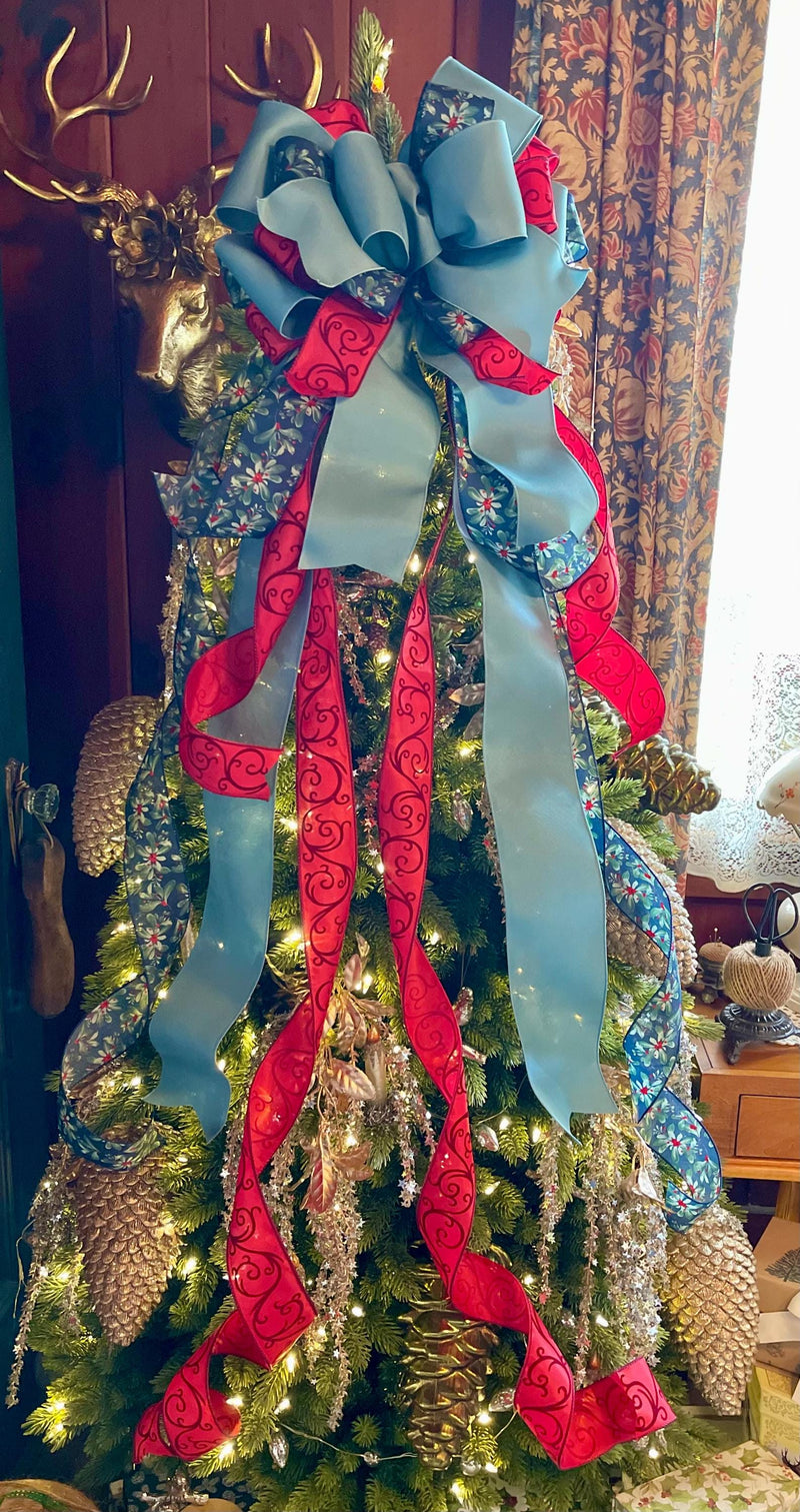 The Lapiz Smoke Blue Navy & Red Christmas Tree Topper Bow, Luxury Bow, Xmas bow, blue bow for tree, ribbon topper, cottage tree trimming bow