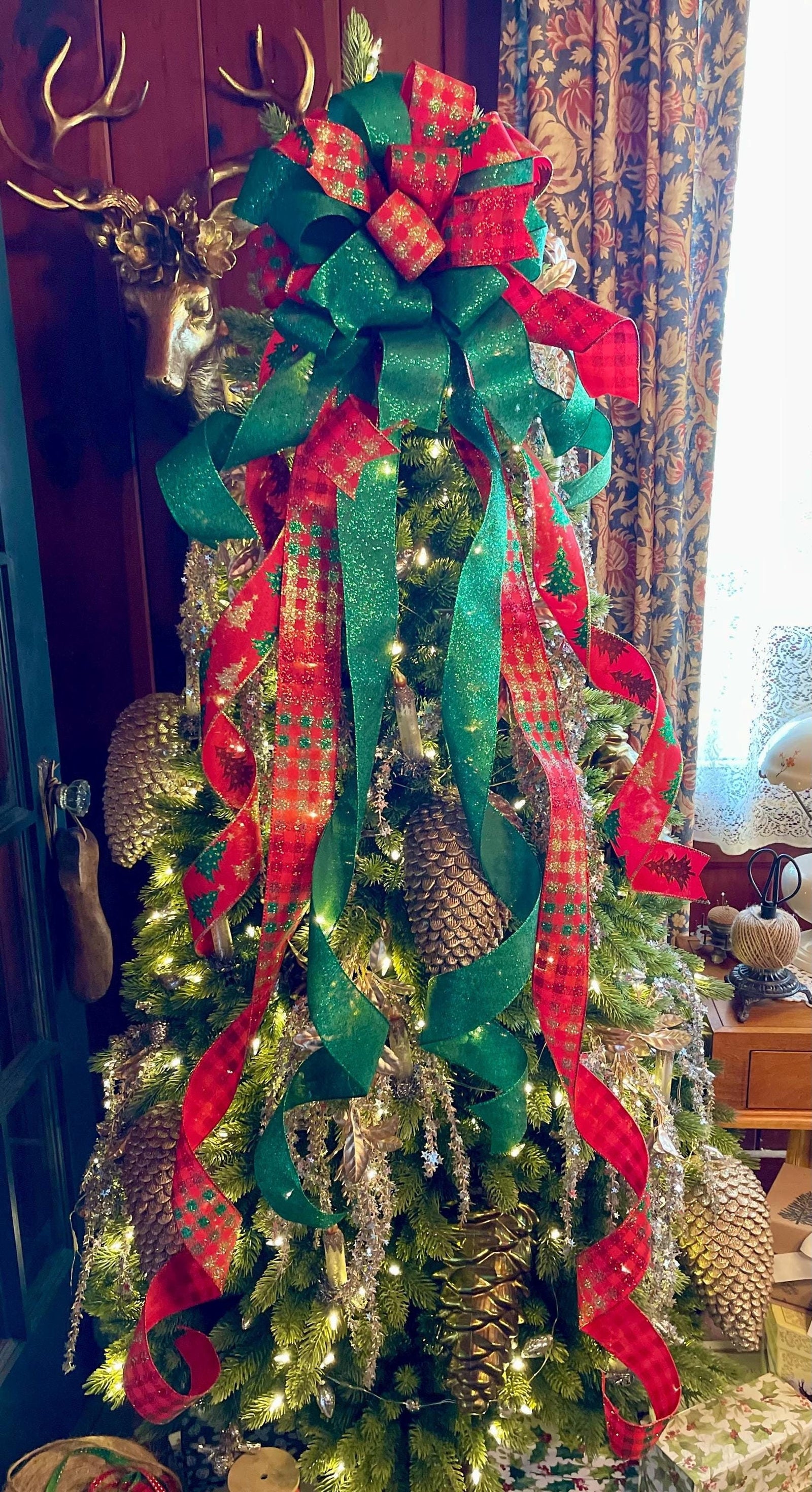 The Beatrice Red Green & Gold Christmas Tree Topper Bow