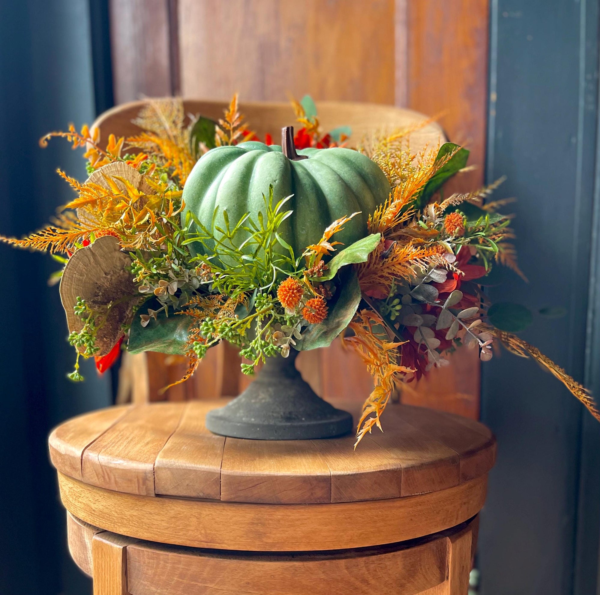 Fall Pumpkin Centerpiece For Table - The Corrine, orange & green fall arrangement, sunflower rustic arrangement, Autumn floral arrangement