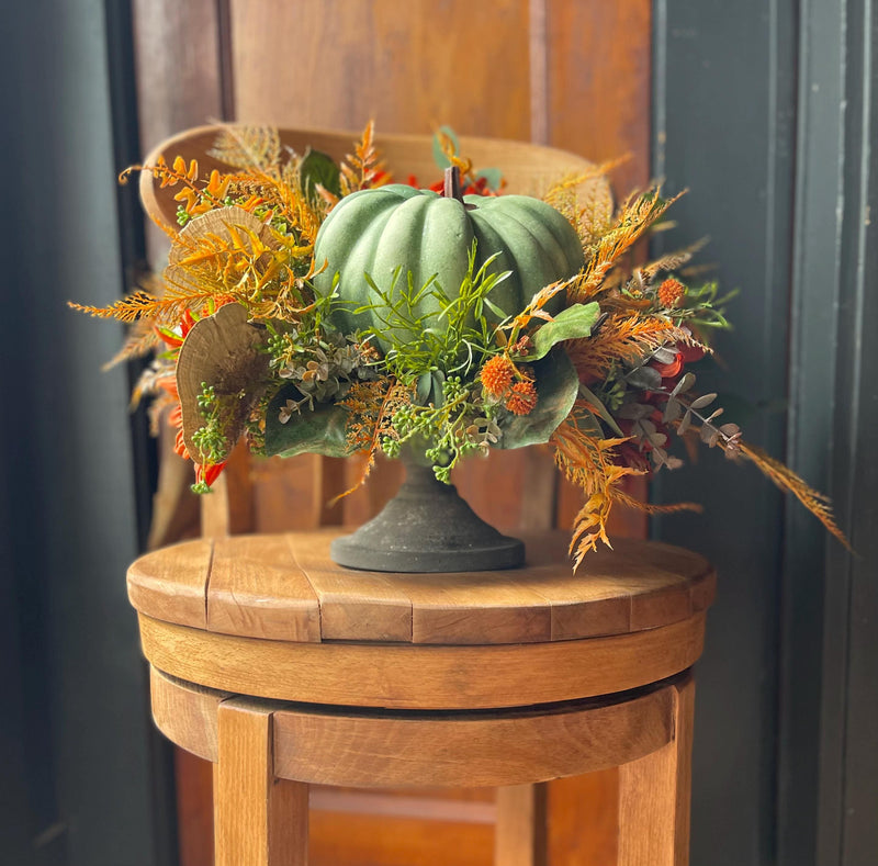 Fall Pumpkin Centerpiece For Table - The Corrine, orange & green fall arrangement, sunflower rustic arrangement, Autumn floral arrangement